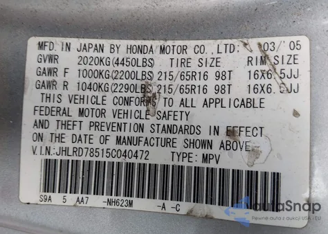 2005 Honda Cr-V Lx z USA, uszkodzony, nr VIN JHLRD78515C040472